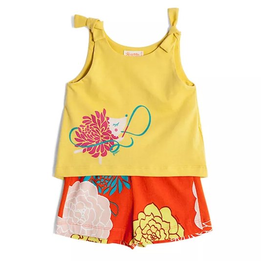 Conjunto Shorts Estampa Ikebana Laranjal e Regata Amarela com Nózinhos Toddler - Green