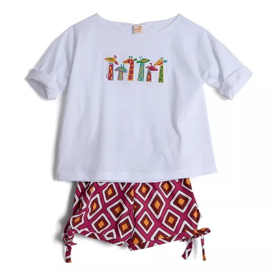 Conjunto Bermuda Estampa Tribal Rosa e Camiseta Manga Curta Infantil - Green