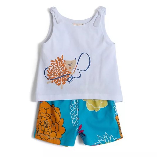 Conjunto Shorts Estampa Ikebana Azul e Regata Branca com Nózinhos Toddler - Green